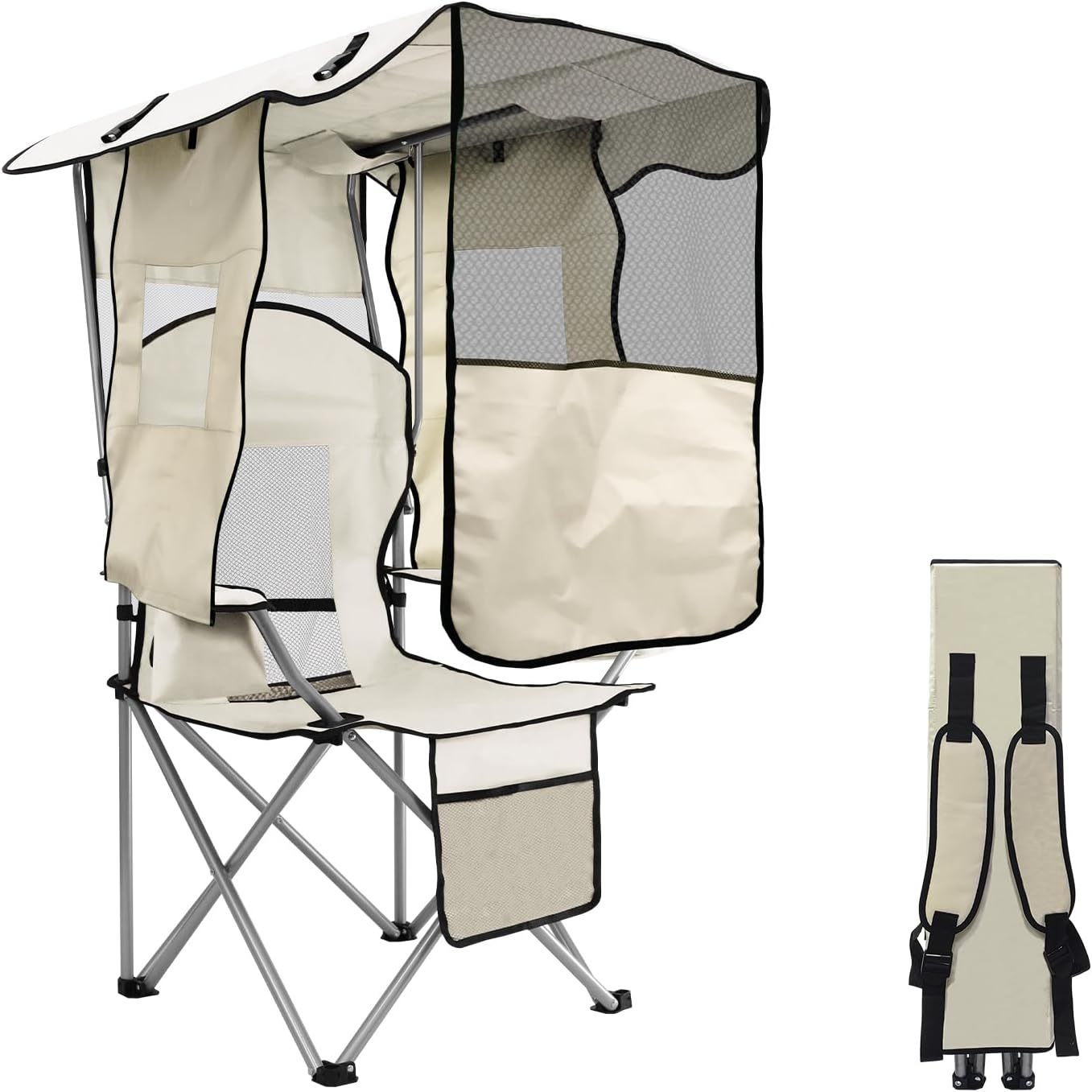 Silla de playa con toldo, silla de camping portátil con soporte de toldo de hasta 350 libras, parasol plegable con soporte para tazas y bolsa de transporte para viajes al aire última