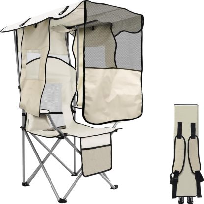 Silla de playa con toldo, silla de camping portátil con soporte de toldo de hasta 350 libras, parasol plegable con soporte para tazas y bolsa de transporte para viajes al aire última