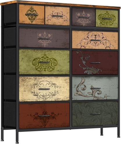 VASICAR Cómoda grande para dormitorio con 12 cajones profundos, cómoda de tela alta, cómoda para armario, guardería, sala de estar, lavandería, entrada, pasillo (negro)