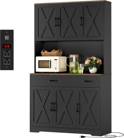 HOSTACK - clóset de despensa de 71 pulgadas con estación de carga, clóset de almacenamiento alto con soporte para microondas, clóset de cocina de granja con cajones de almacenamiento para sala de
