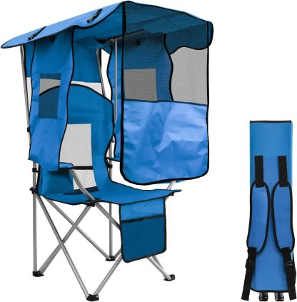Silla de playa con toldo, silla de camping portátil con soporte de toldo de hasta 350 libras, parasol plegable con soporte para tazas y bolsa de transporte para viajes al aire última