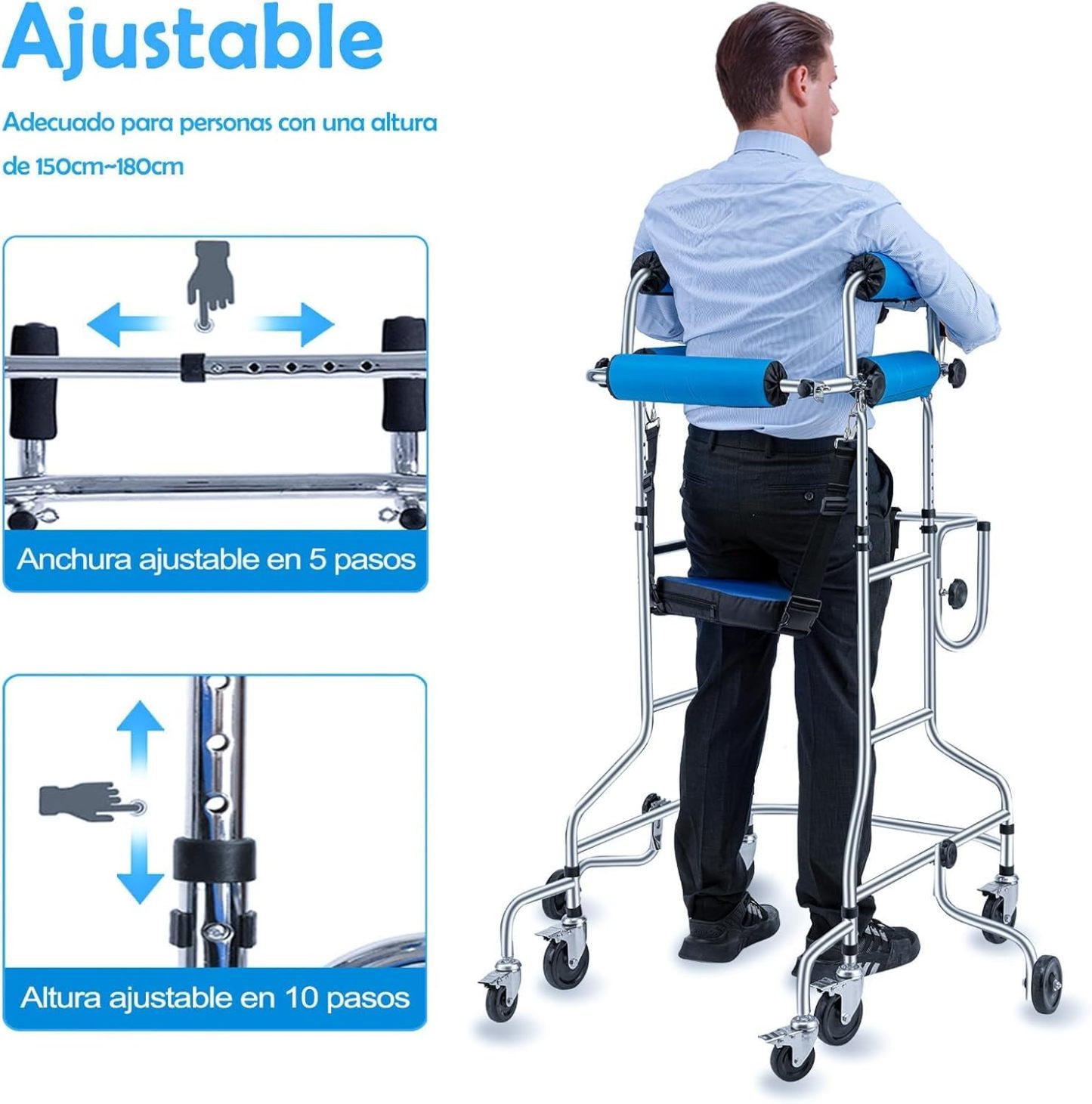 Andadera para Adulto con Asiento,Andador para Adulto Mayor Ajustable en Altura y Ancho,8 Ruedas,Acero Resistente Capacidad 220lbs,Ayuda a Caminar y Rehabilitación