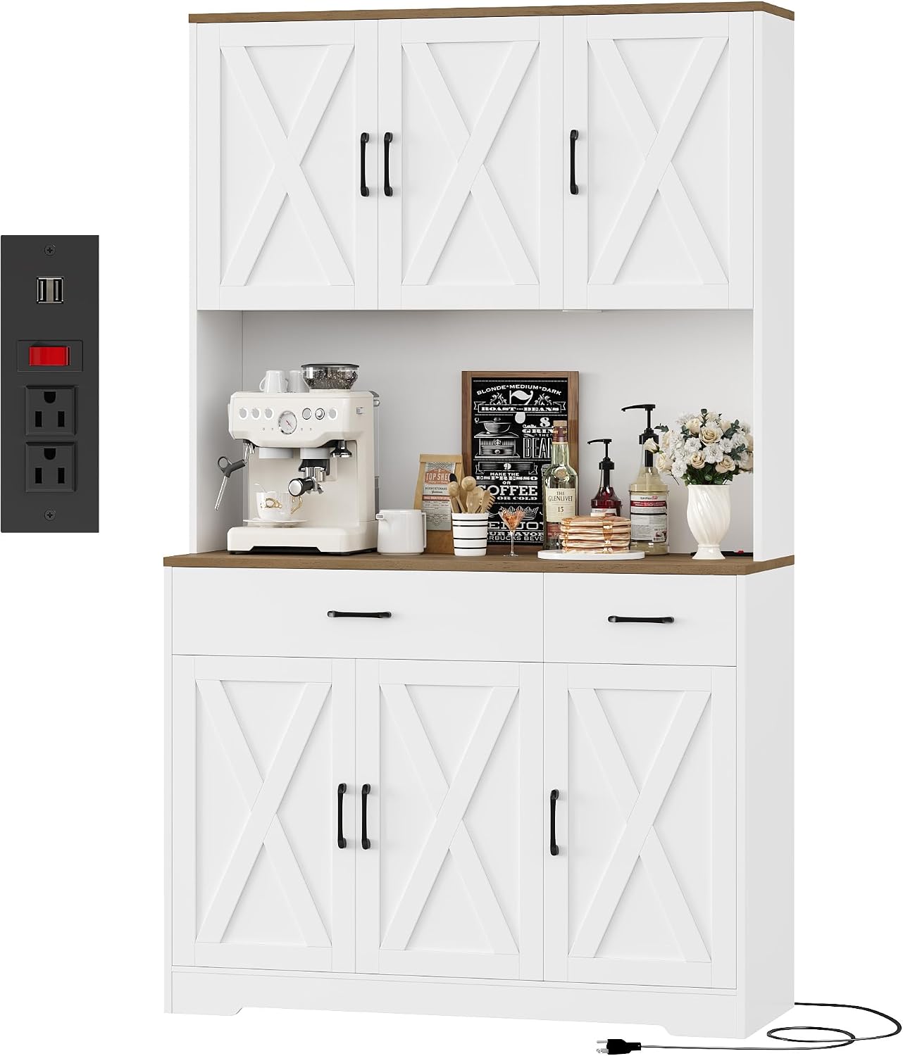 HOSTACK - clóset de despensa de 71 pulgadas con estación de carga, clóset de almacenamiento alto con soporte para microondas, clóset de cocina de granja con cajones de almacenamiento para sala de