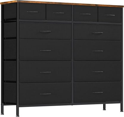 VASICAR Cómoda grande para dormitorio con 12 cajones profundos, cómoda de tela alta, cómoda para armario, guardería, sala de estar, lavandería, entrada, pasillo (negro)