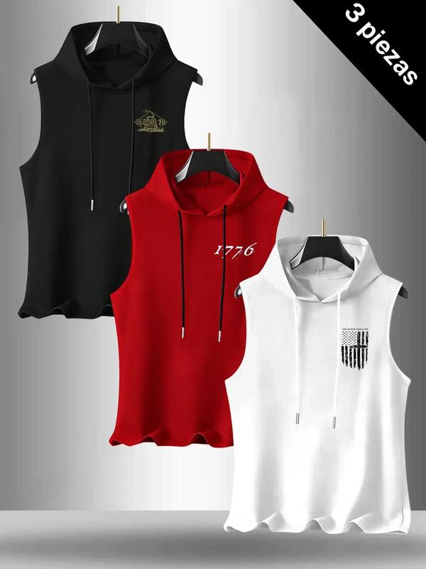 Men's 3-Pack Flag Series Graphic Print Round Neck Sleeveless T-Shirt, Casual Comfortable Hooded Vest, Summer Outdoor Fitness Wear