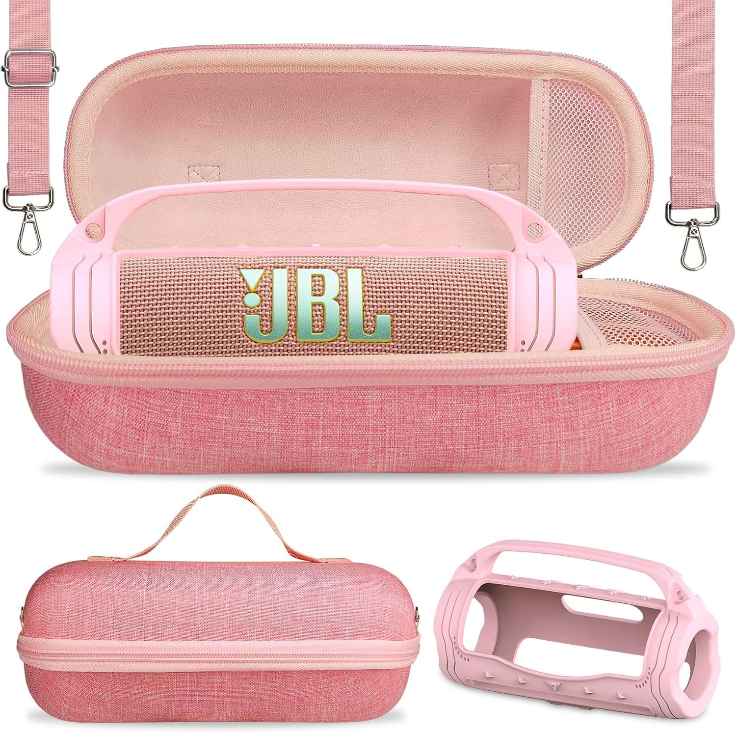JCHPINE - Funda de silicona y funda de transporte r��gida para altavoz port��til JBL Flip 7, accesorios para JBL Flip 7, funda de silicona con asa y correa para el hombro (rosa)