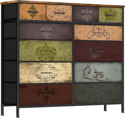 VASICAR Cómoda grande para dormitorio con 12 cajones profundos, cómoda de tela alta, cómoda para armario, guardería, sala de estar, lavandería, entrada, pasillo (negro)