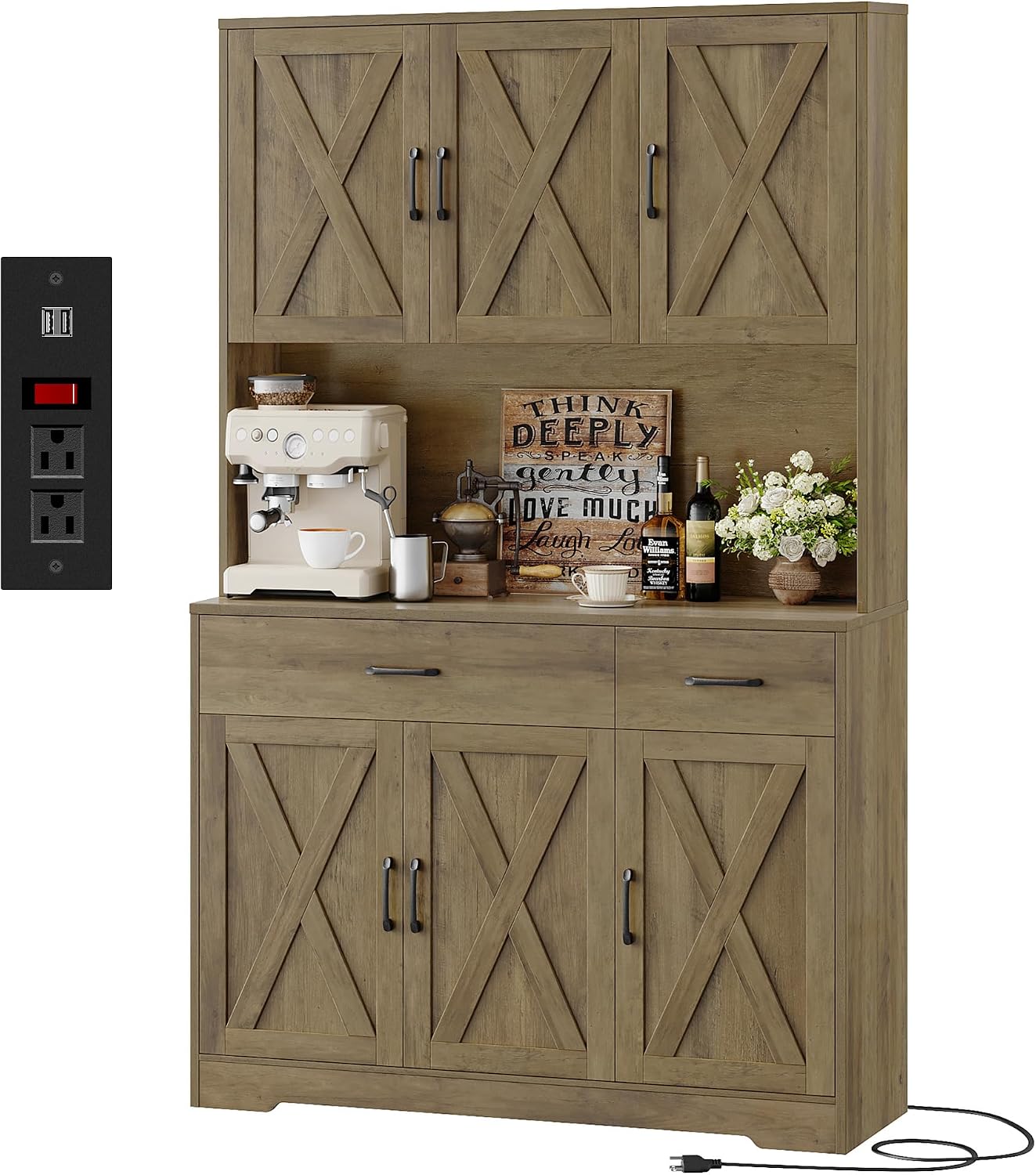 HOSTACK - clóset de despensa de 71 pulgadas con estación de carga, clóset de almacenamiento alto con soporte para microondas, clóset de cocina de granja con cajones de almacenamiento para sala de