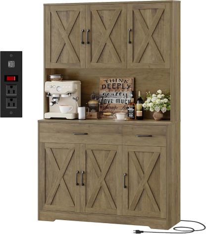 HOSTACK - clóset de despensa de 71 pulgadas con estación de carga, clóset de almacenamiento alto con soporte para microondas, clóset de cocina de granja con cajones de almacenamiento para sala de