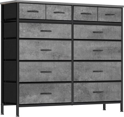 VASICAR Cómoda grande para dormitorio con 12 cajones profundos, cómoda de tela alta, cómoda para armario, guardería, sala de estar, lavandería, entrada, pasillo (negro)
