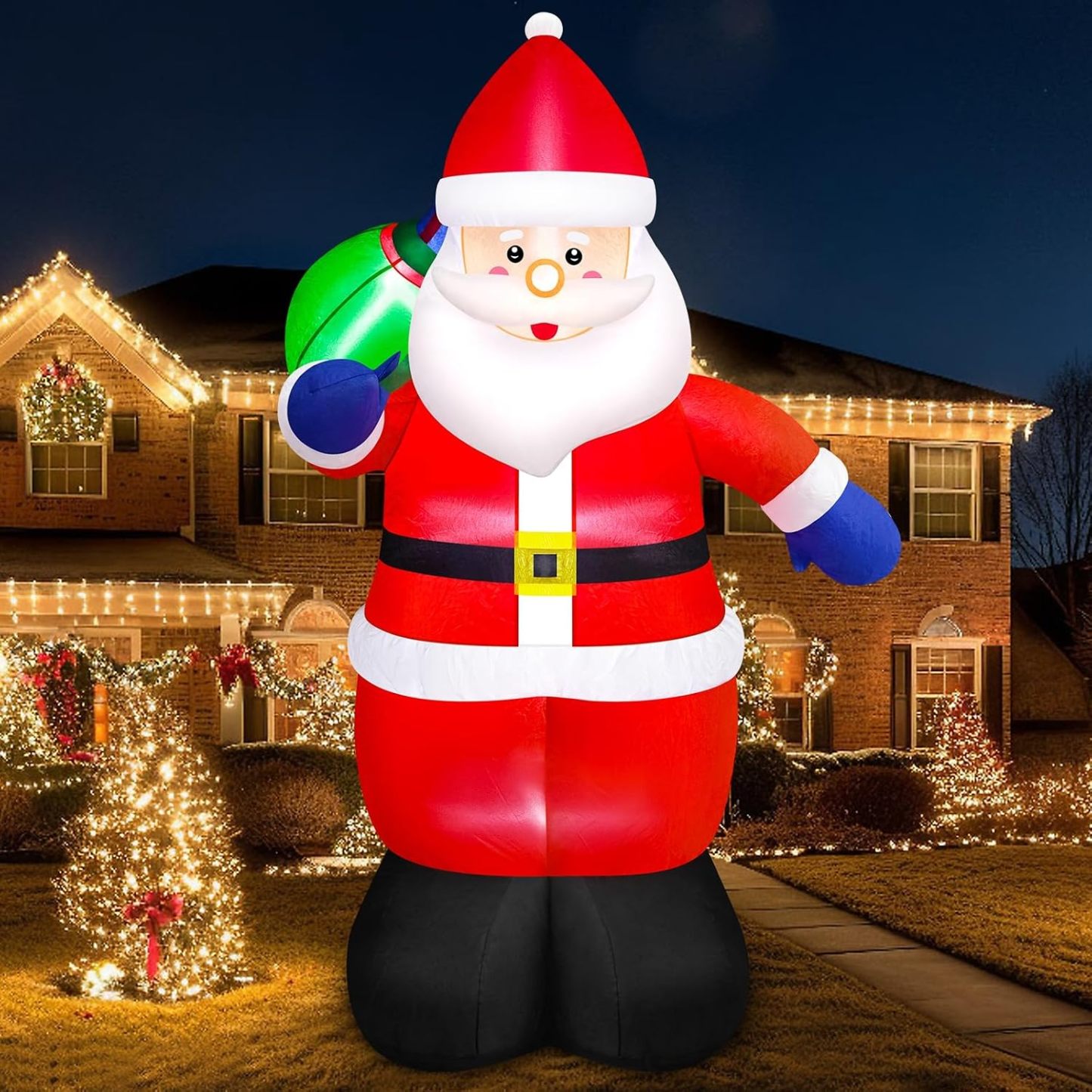 Danxilu Inflable Navidad 2.43m(8 Pies) Santa Claus Inflable Navideño Decoración con Luces Led Decoración Navideña Exterior Premium + Kit Antiviento(Soplador UL, Estacas y Bolsas Arena)
