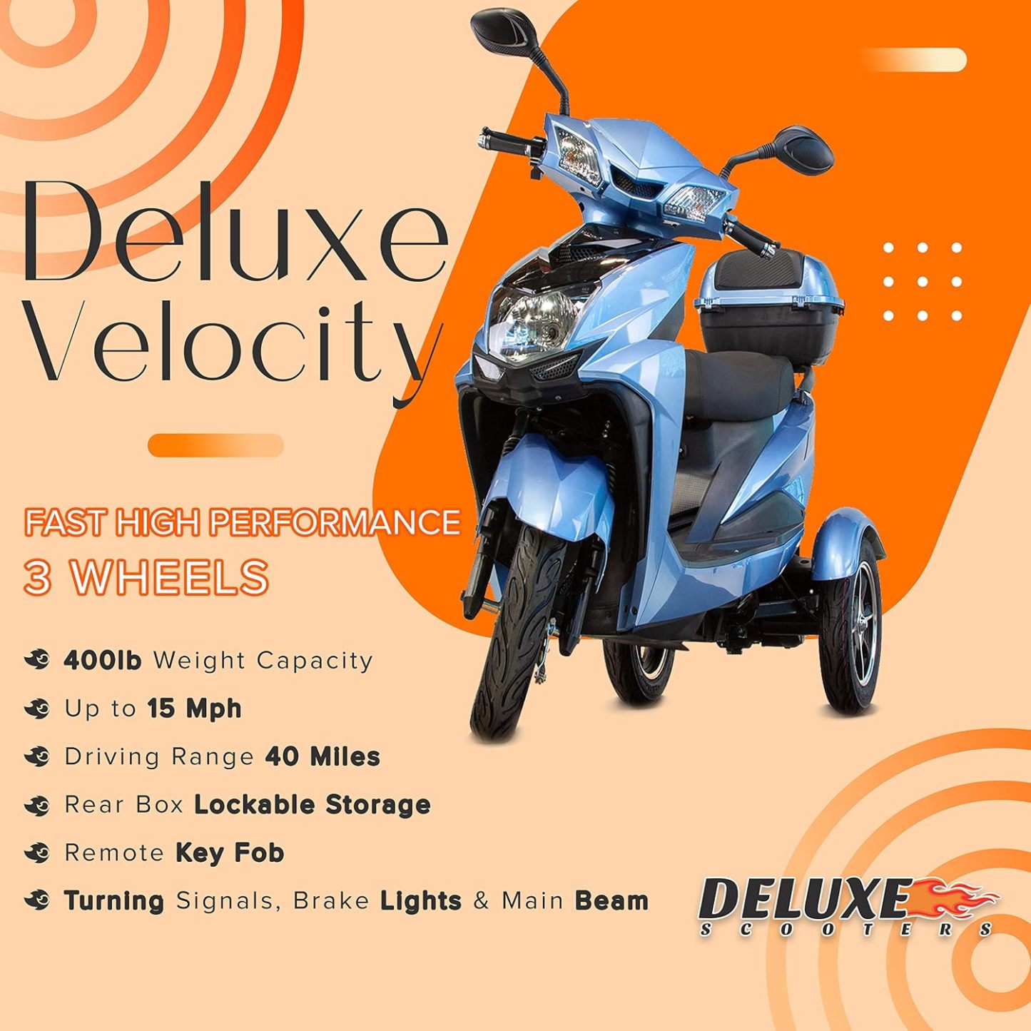 Deluxe Velocity Fast High Performance Recreational Electric Mobility Scooter 3 Wheel – for Seniors Up to 15 Mph & 40 Miles per Battery Charge 500-Watt Motor 400lbs Weight Capacity Red, Blue