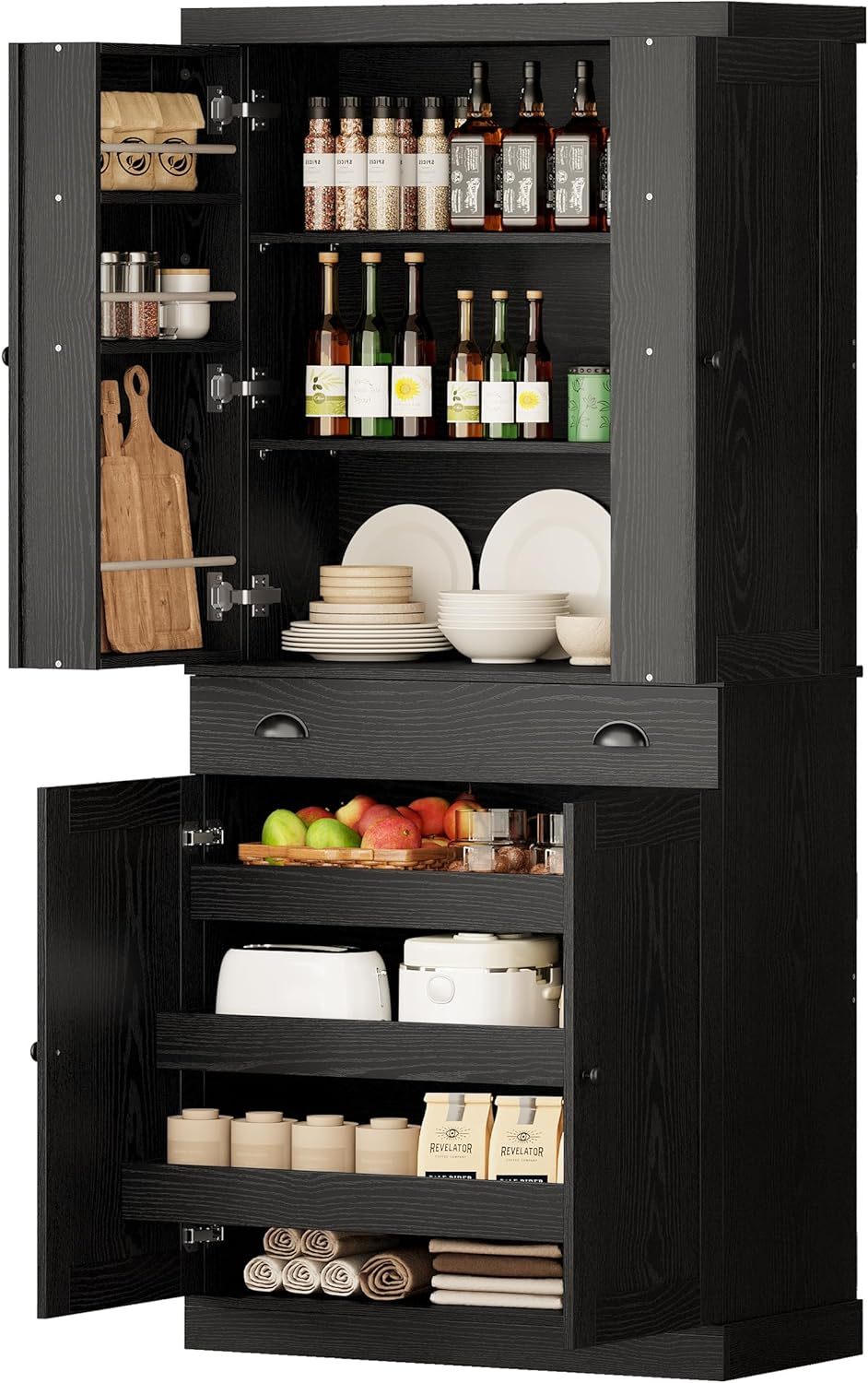 Armario despensero de cocina de 72 pulgadas, mueble de almacenamiento alto con 8 estantes en las puertas, 2 compartimentos y 1 cajón.