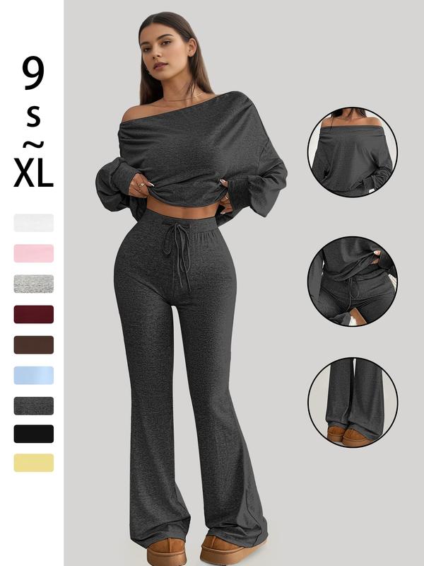 One Shoulder Long Sleeve Loose Crop Top and High Waist Drawstring Skinny Vintage Bell Pants, Yoga Fitness Workout, Spring & Fall Casual Style