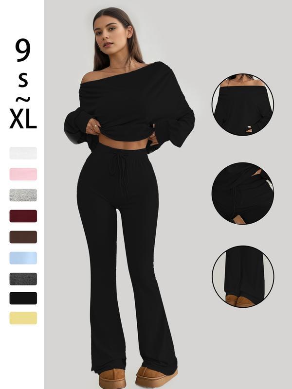 One Shoulder Long Sleeve Loose Crop Top and High Waist Drawstring Skinny Vintage Bell Pants, Yoga Fitness Workout, Spring & Fall Casual Style