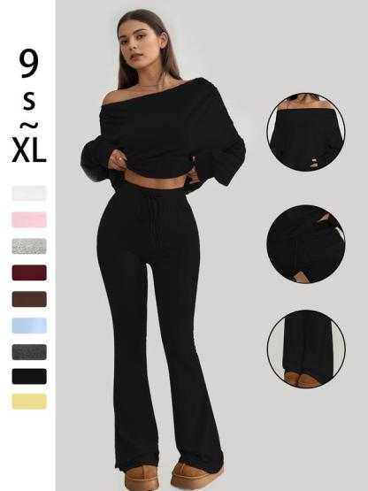 One Shoulder Long Sleeve Loose Crop Top and High Waist Drawstring Skinny Vintage Bell Pants, Yoga Fitness Workout, Spring & Fall Casual Style