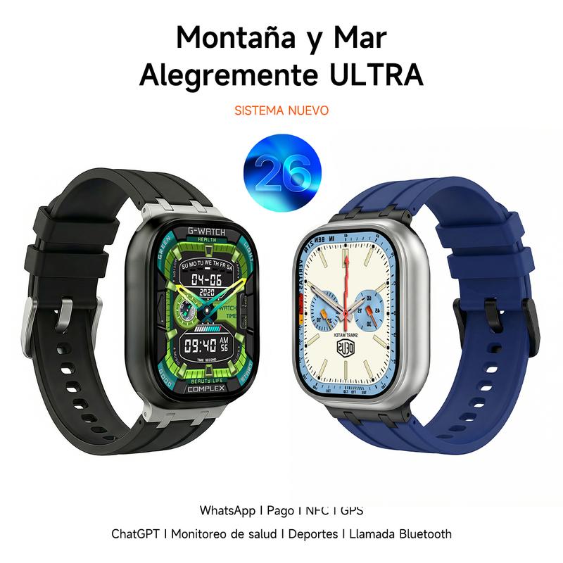 Maxwear AI Ultra 3 Pro cuenta con 4 GB de ROM, admite enviar y recibir mensajes de WhatsApp, llamadas por Bluetooth, pantalla táctil completa de 49 mm, NFC, GPS, monitorización deportiva y de actividad física, ChatGPT .También incluye 4 correas.