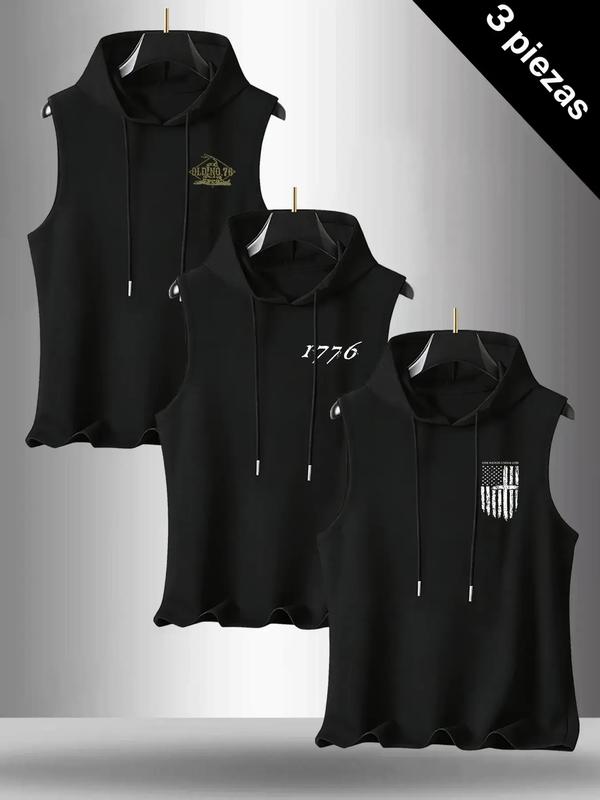 Men's 3-Pack Flag Series Graphic Print Round Neck Sleeveless T-Shirt, Casual Comfortable Hooded Vest, Summer Outdoor Fitness Wear