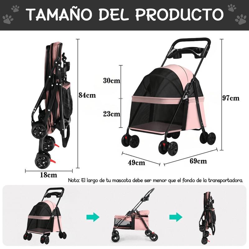 Carriola para Mascotas Plegable con Ruedas, Carrito Portátil para Perros, Gatos y Conejos, con Ventilación de Malla, Diseño Ligero y Cómodo, Ideal para Paseos y Viajes. Colores: Negro, Rosa, Gris y Azul