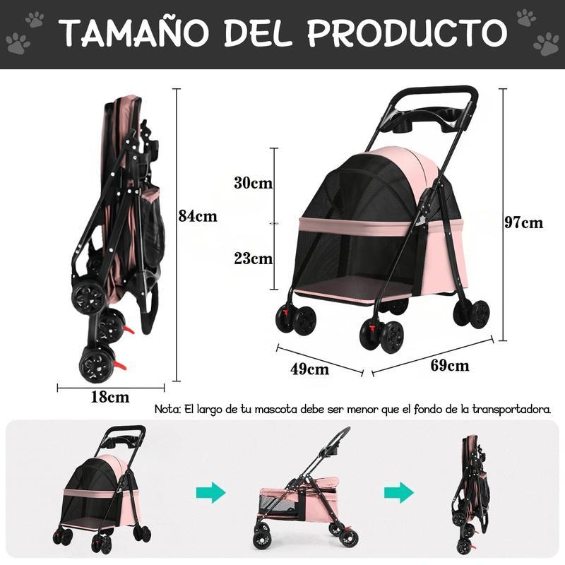 Carriola para Mascotas Plegable con Ruedas, Carrito Portátil para Perros, Gatos y Conejos, con Ventilación de Malla, Diseño Ligero y Cómodo, Ideal para Paseos y Viajes. Colores: Negro, Rosa, Gris y Azul