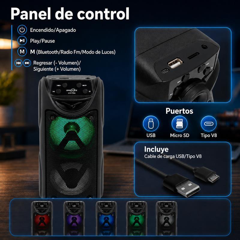 Bocina Bluetooth Portátil Doble 3″ x 2 con Luz LED RGB, Radio FM, USB, Micro SD (Hasta 32 GB), Controles Integrados e Incluye Cable de Carga V8/USB