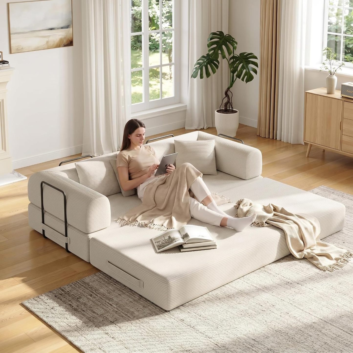 Sofá cama convertible 5 en 1 de 79 pulgadas, de pana sin hueso, con marco fijo y almohada, tumbona modular plegable para espacio pequeño, sala de estar, recámara, fácil de montar