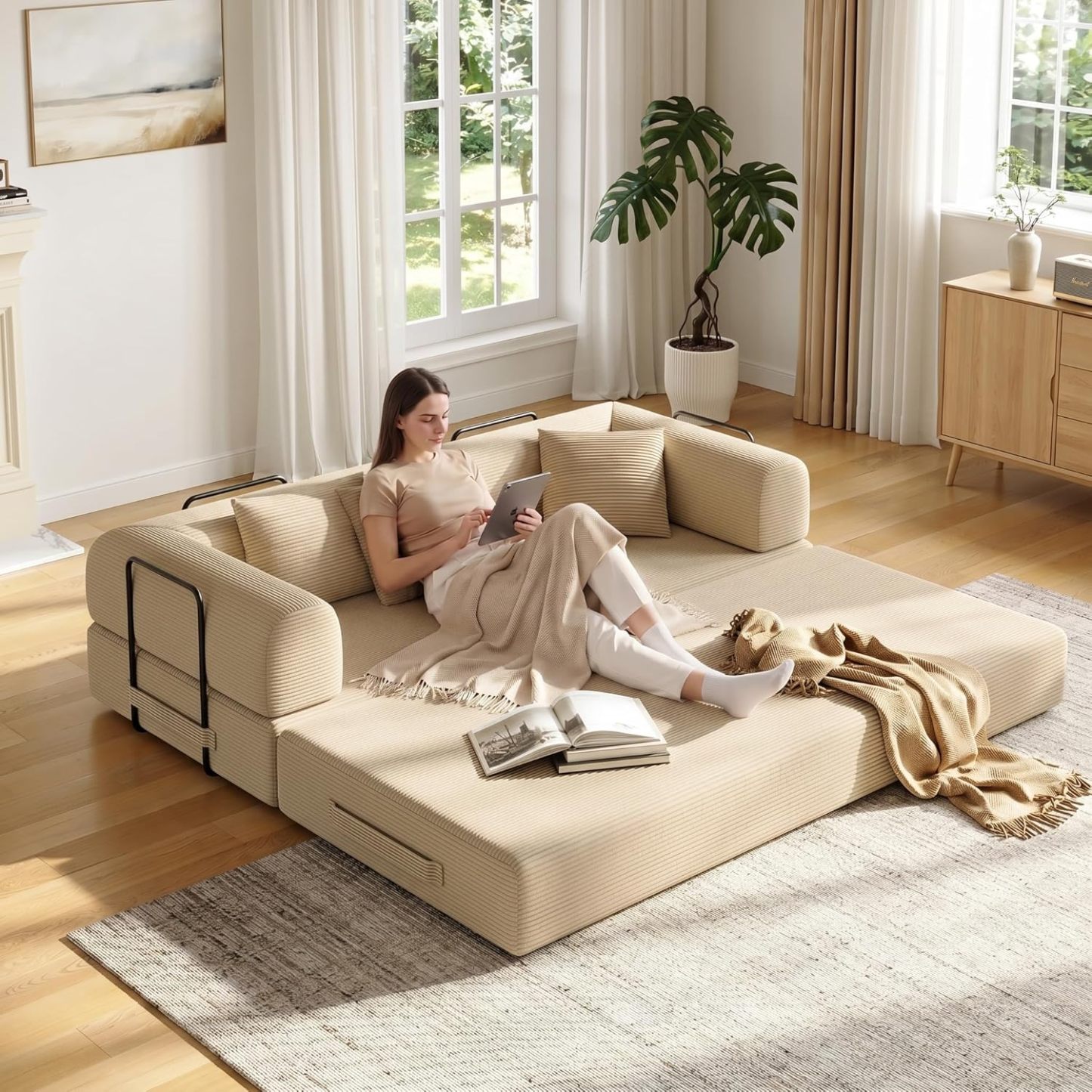 Sofá cama convertible 5 en 1 de 79 pulgadas, de pana sin hueso, con marco fijo y almohada, tumbona modular plegable para espacio pequeño, sala de estar, recámara, fácil de montar