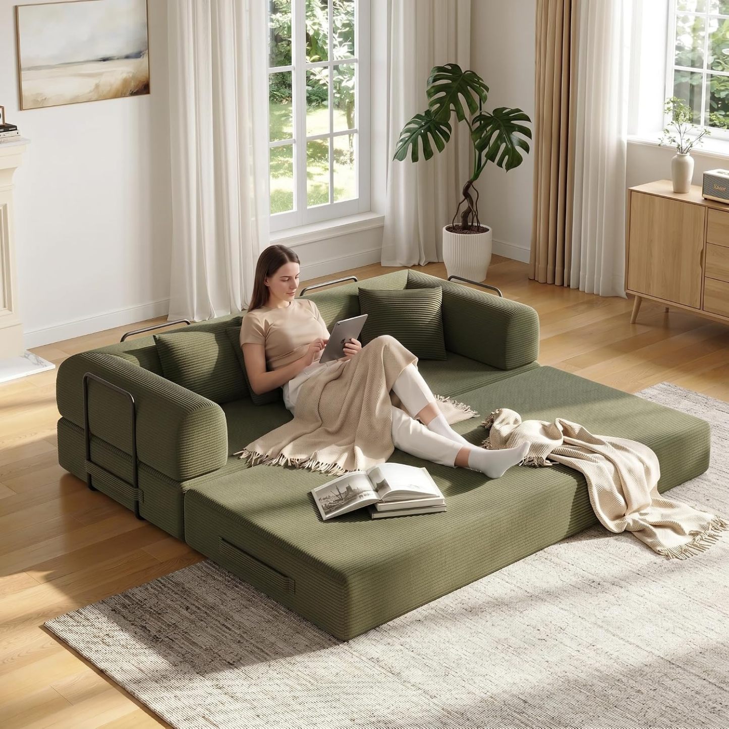 Sofá cama convertible 5 en 1 de 79 pulgadas, de pana sin hueso, con marco fijo y almohada, tumbona modular plegable para espacio pequeño, sala de estar, recámara, fácil de montar