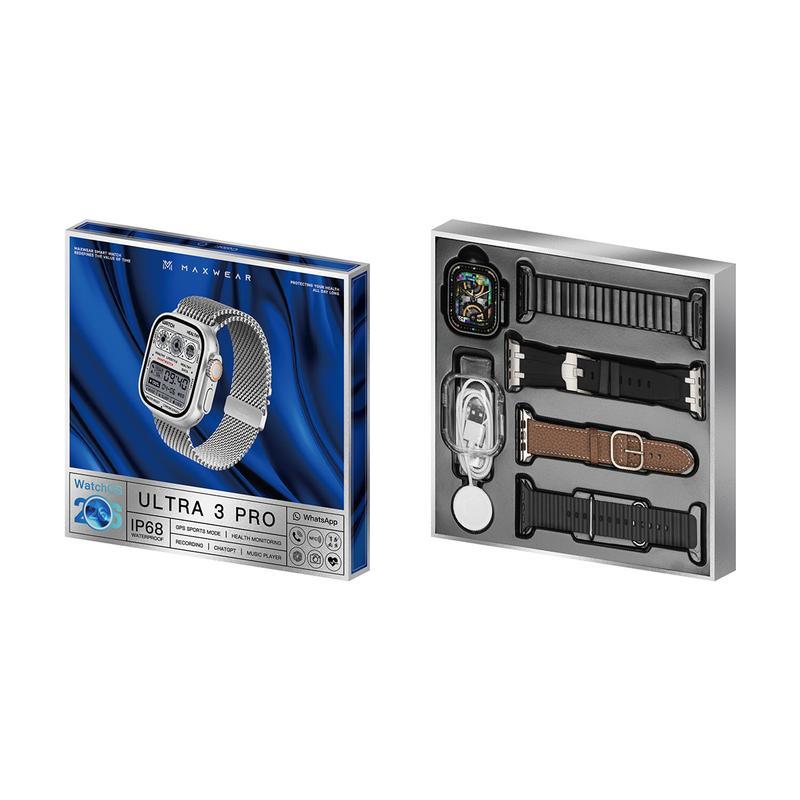 Maxwear AI Ultra 3 Pro cuenta con 4 GB de ROM, admite enviar y recibir mensajes de WhatsApp, llamadas por Bluetooth, pantalla táctil completa de 49 mm, NFC, GPS, monitorización deportiva y de actividad física, ChatGPT .También incluye 4 correas.