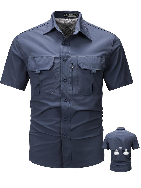 Summer outfit: New men's quick drying tactical short sleeved shirt, outdoor workwear, multi pocket lapel shirt, men's military elastic shirt, men's breathable top T-shirt, Casual Button-Front Shirt with Collar