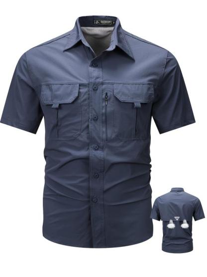 Summer outfit: New men's quick drying tactical short sleeved shirt, outdoor workwear, multi pocket lapel shirt, men's military elastic shirt, men's breathable top T-shirt, Casual Button-Front Shirt with Collar