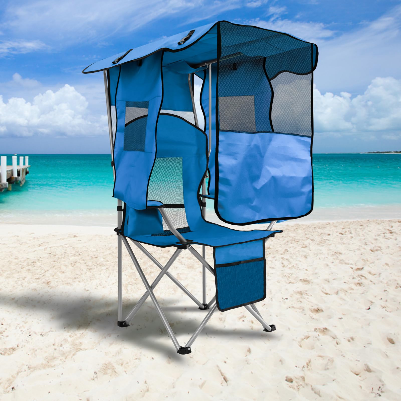 Silla de playa con toldo, silla de camping portátil con soporte de toldo de hasta 350 libras, parasol plegable con soporte para tazas y bolsa de transporte para viajes al aire última