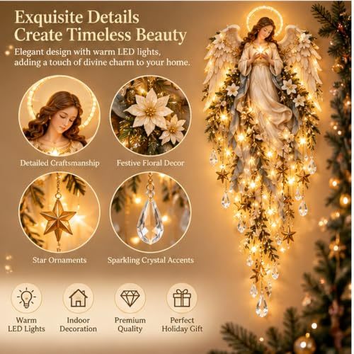 Genérico Aplique Angel Blessing, 2026 ángel navideño Starglow en Cascada con Estrellas Brillantes, decoración navideña con LED para el Dormitorio y el hogar, luz Nocturna cálida y Celestial (2pc)