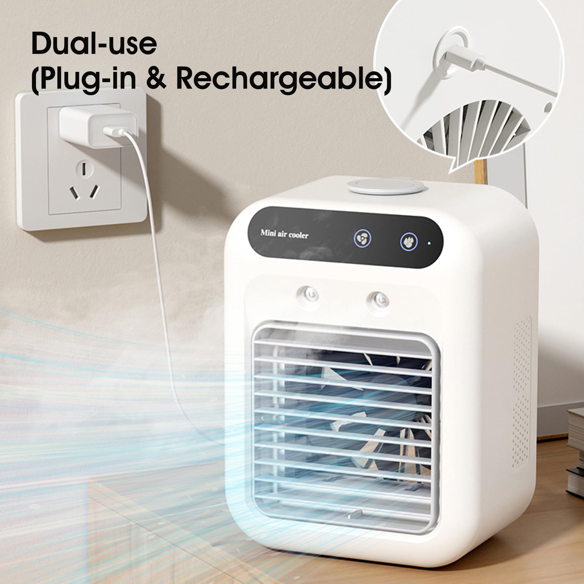 Ventilador de aire acondicionado, aire acondicionado personal portátil, humidificador de doble pulverización con batería larga duración y funcionamiento silencioso para el hogar, oficina, cam