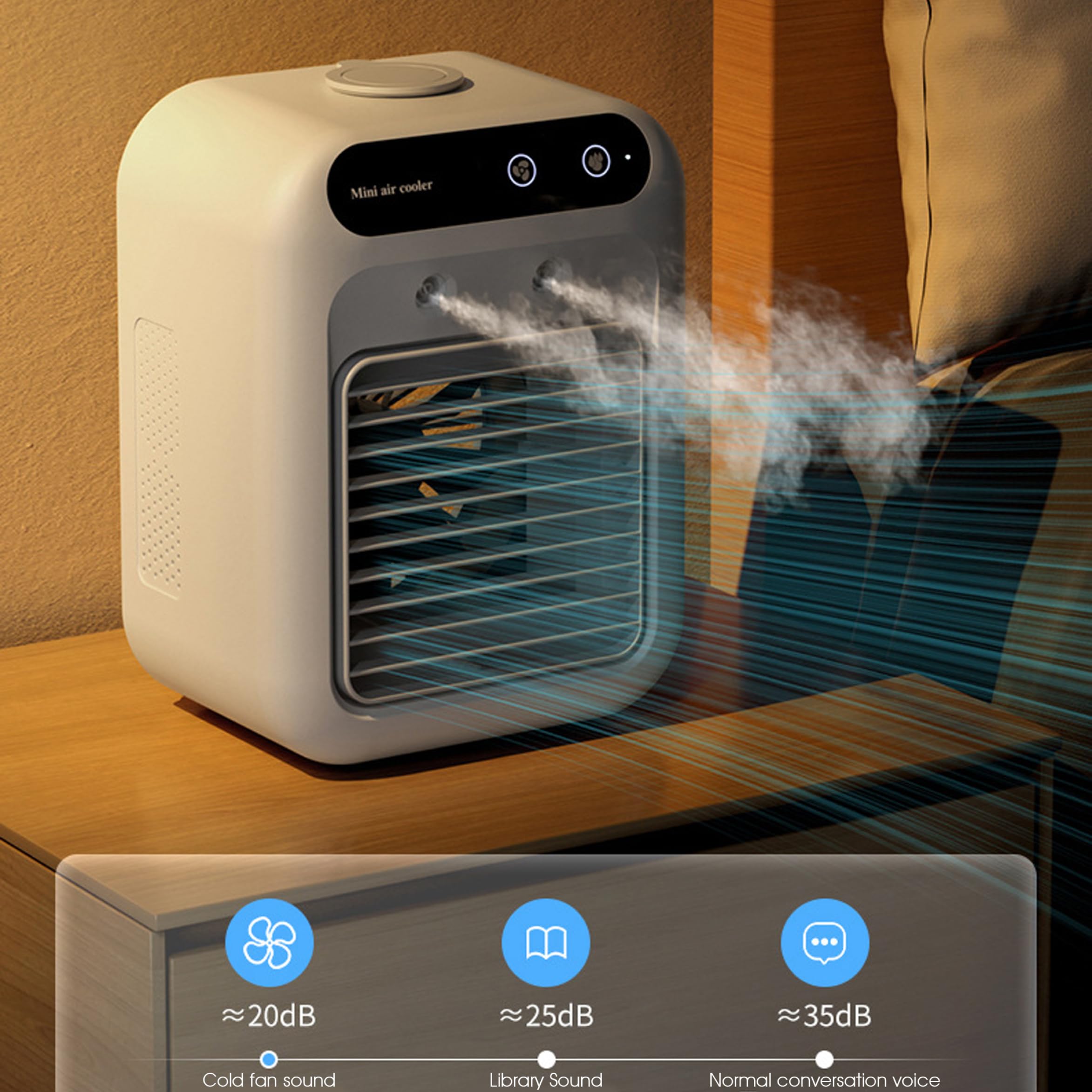 Ventilador de aire acondicionado, aire acondicionado personal portátil, humidificador de doble pulverización con batería larga duración y funcionamiento silencioso para el hogar, oficina, cam