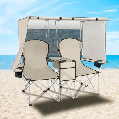 Silla de playa con toldo, silla de camping portátil con soporte de toldo de hasta 350 libras, parasol plegable con soporte para tazas y bolsa de transporte para viajes al aire última