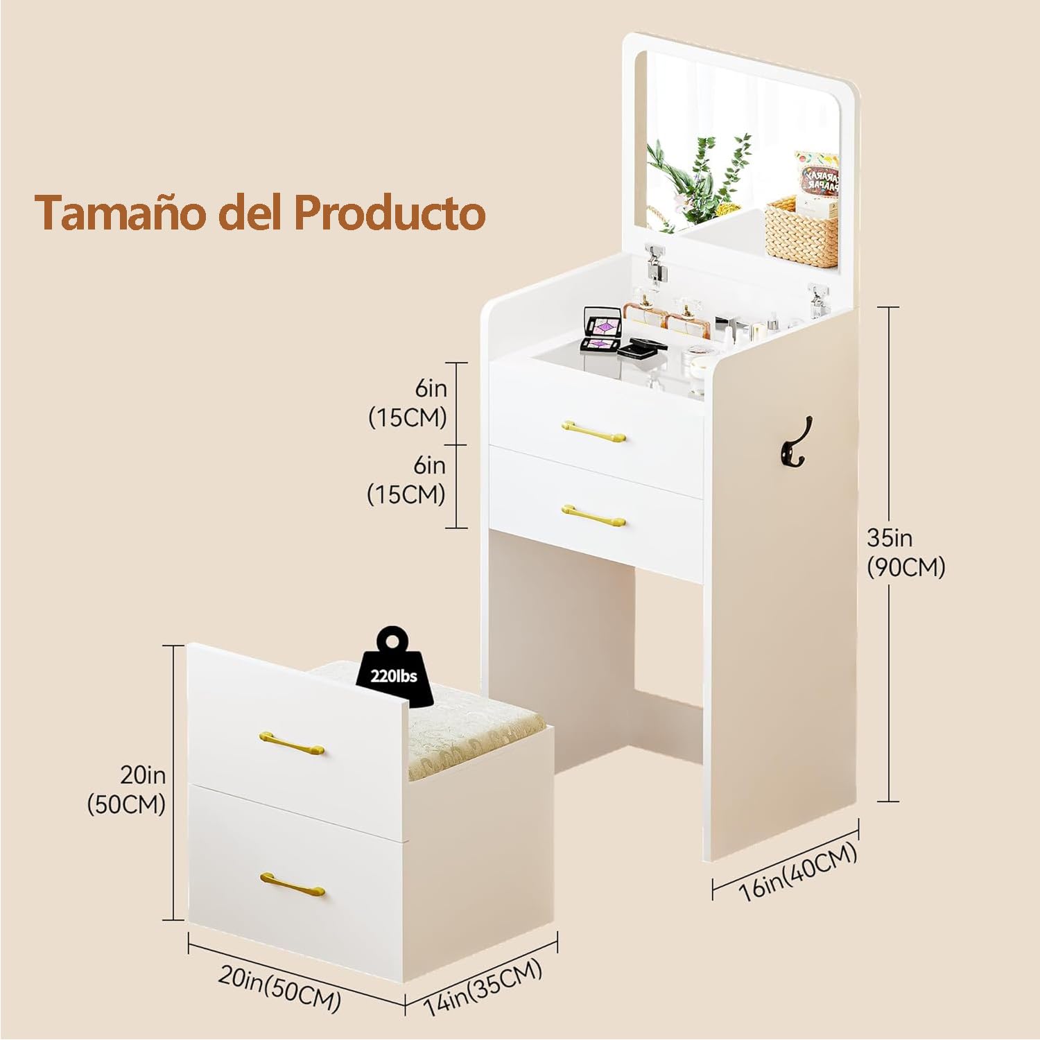 UNKKS Tocador Vanity con Espejo y Escritorio de Cristal Visual para Maquillaje Madera Escritorio con Taburete de Maquillaje y 3 Cajones y Armario de Almacenamiento 40X50X90CM(Negro)