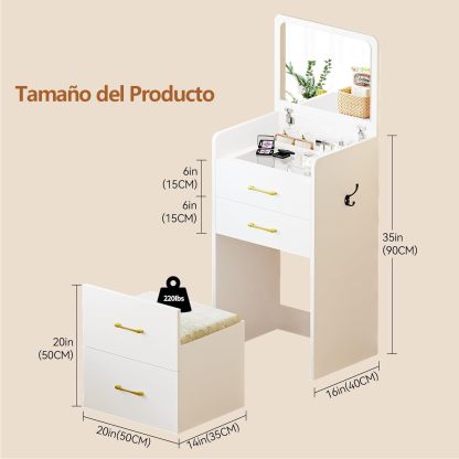 UNKKS Tocador Vanity con Espejo y Escritorio de Cristal Visual para Maquillaje Madera Escritorio con Taburete de Maquillaje y 3 Cajones y Armario de Almacenamiento 40X50X90CM(Negro)