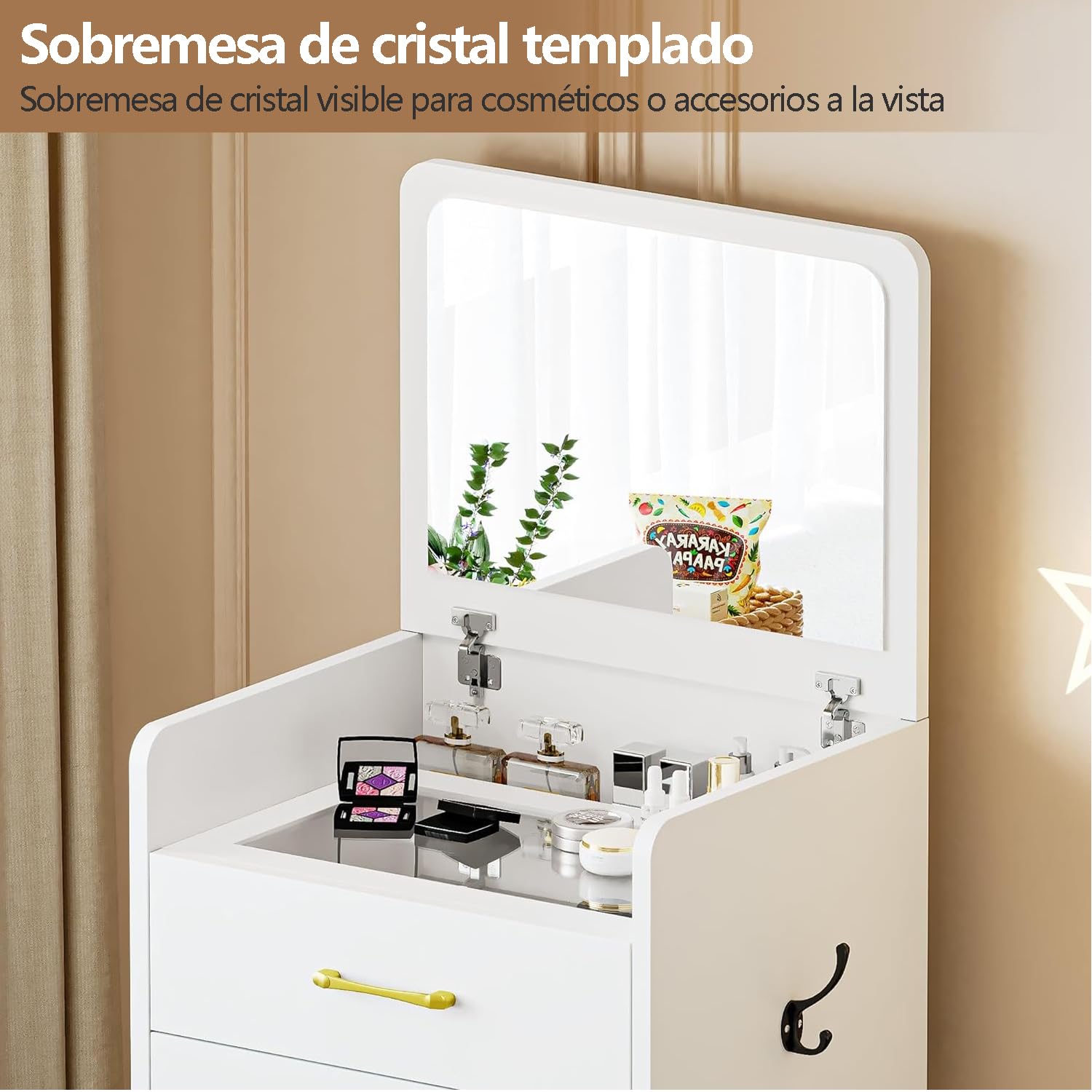UNKKS Tocador Vanity con Espejo y Escritorio de Cristal Visual para Maquillaje Madera Escritorio con Taburete de Maquillaje y 3 Cajones y Armario de Almacenamiento 40X50X90CM(Negro)