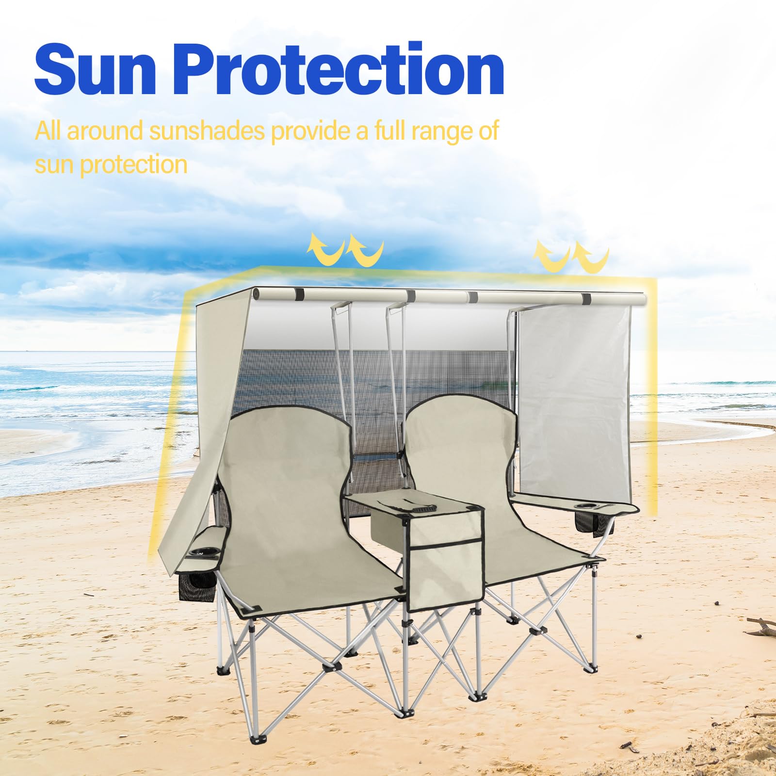 Silla de playa con toldo, silla de camping portátil con soporte de toldo de hasta 350 libras, parasol plegable con soporte para tazas y bolsa de transporte para viajes al aire última