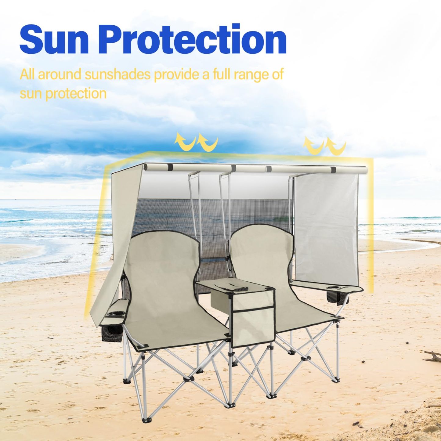Silla de playa con toldo, silla de camping portátil con soporte de toldo de hasta 350 libras, parasol plegable con soporte para tazas y bolsa de transporte para viajes al aire última