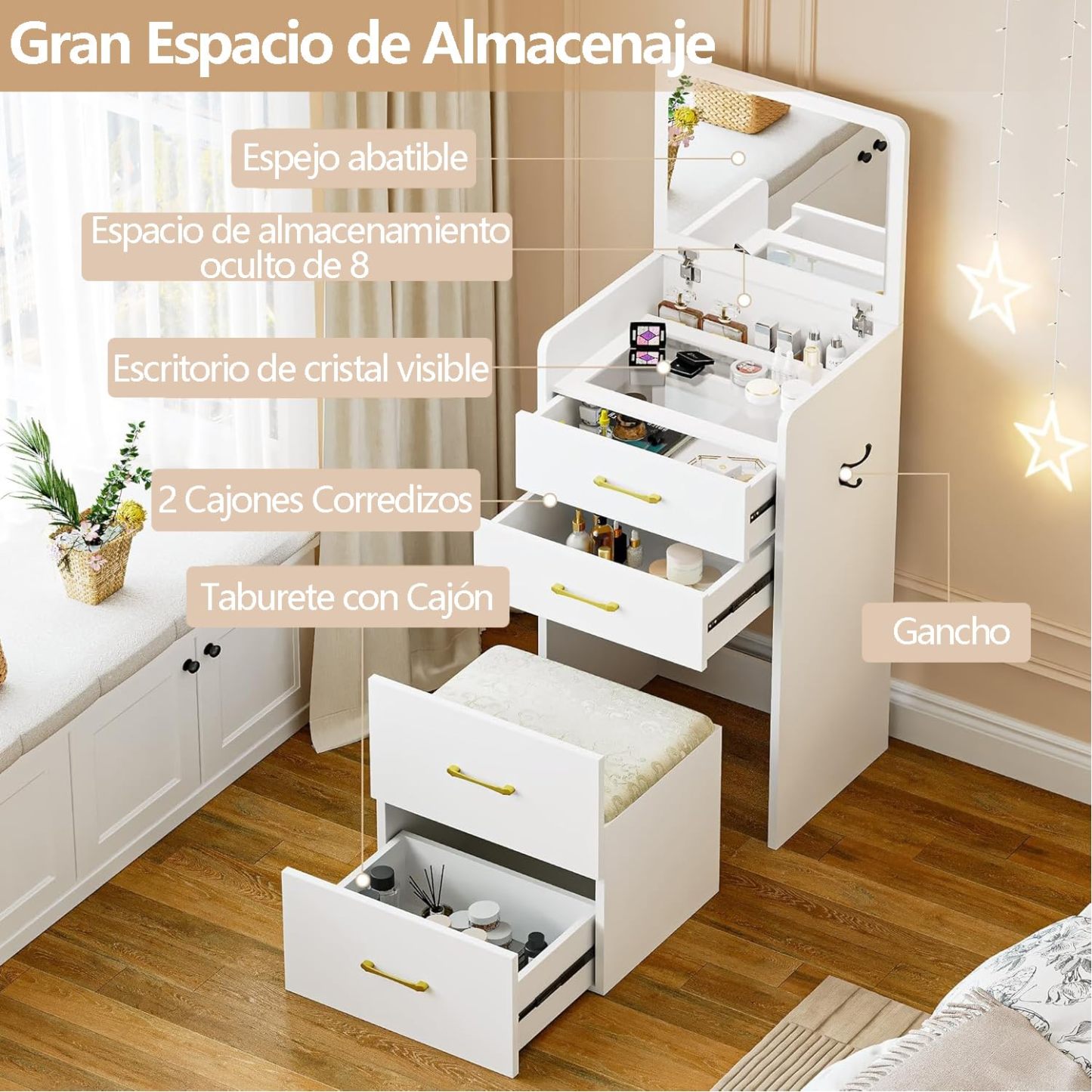UNKKS Tocador Vanity con Espejo y Escritorio de Cristal Visual para Maquillaje Madera Escritorio con Taburete de Maquillaje y 3 Cajones y Armario de Almacenamiento 40X50X90CM(Negro)
