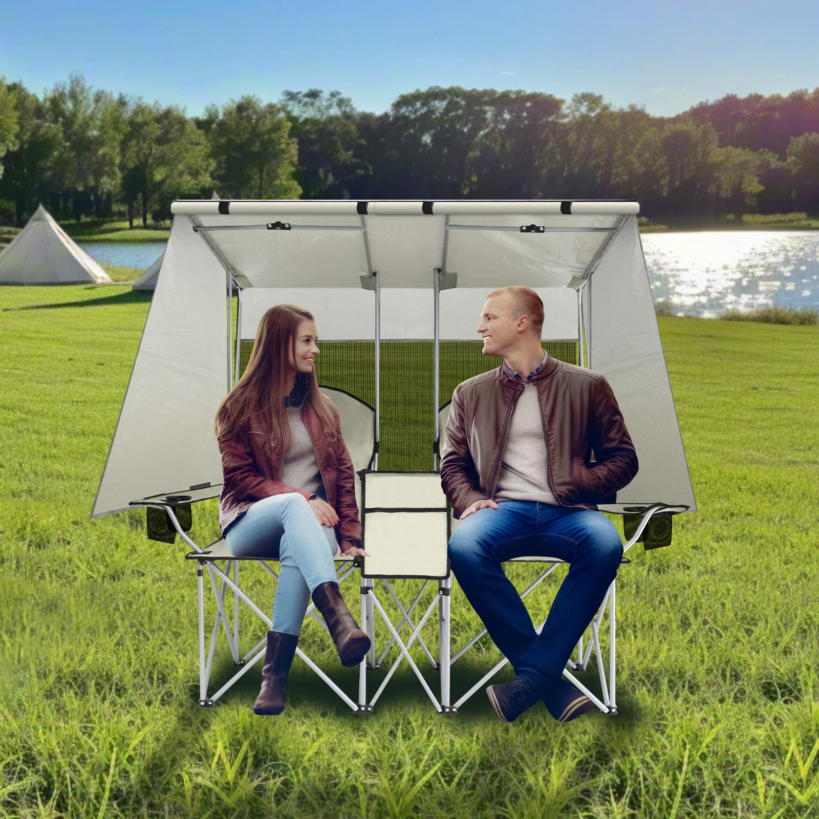 Silla de playa con toldo, silla de camping portátil con soporte de toldo de hasta 350 libras, parasol plegable con soporte para tazas y bolsa de transporte para viajes al aire última