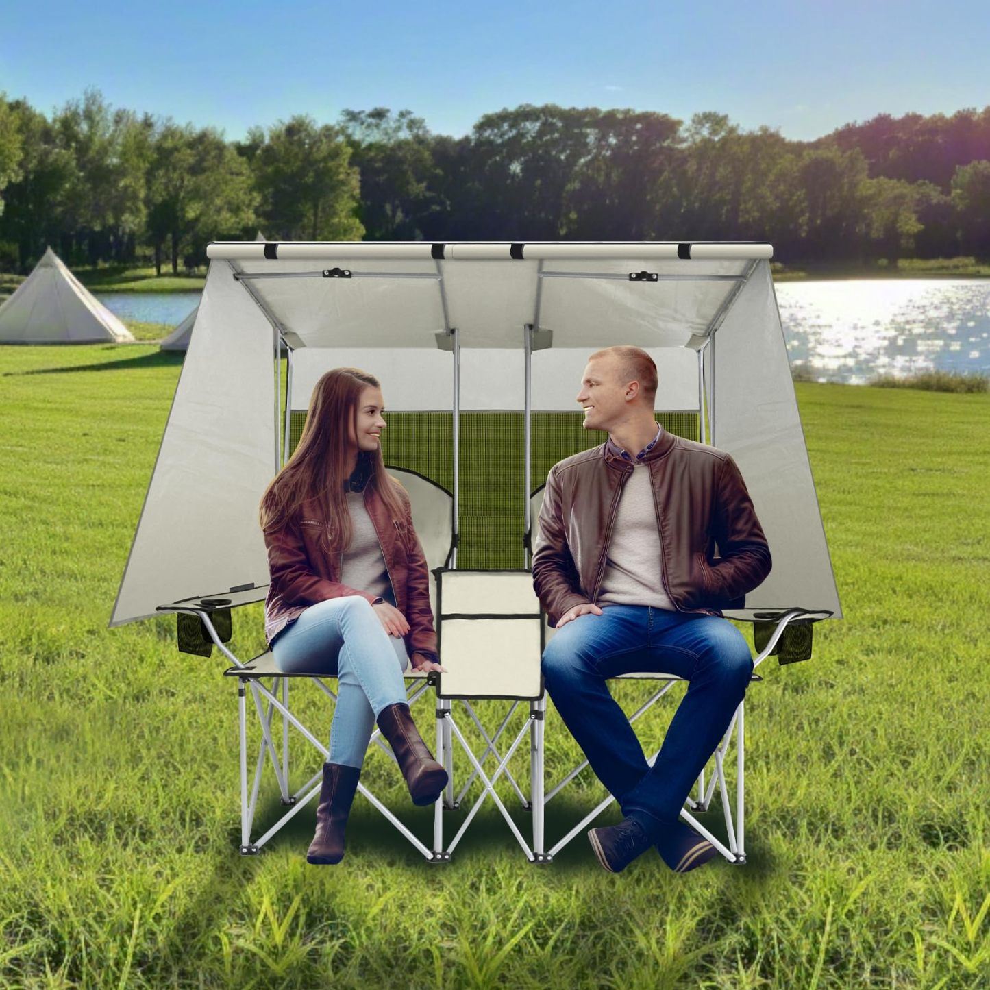 Silla de playa con toldo, silla de camping portátil con soporte de toldo de hasta 350 libras, parasol plegable con soporte para tazas y bolsa de transporte para viajes al aire última