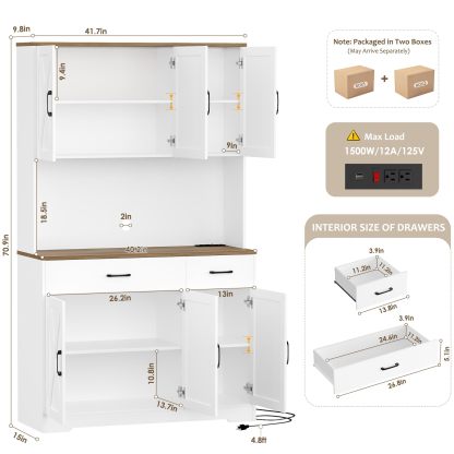 HOSTACK - clóset de despensa de 71 pulgadas con estación de carga, clóset de almacenamiento alto con soporte para microondas, clóset de cocina de granja con cajones de almacenamiento para sala de