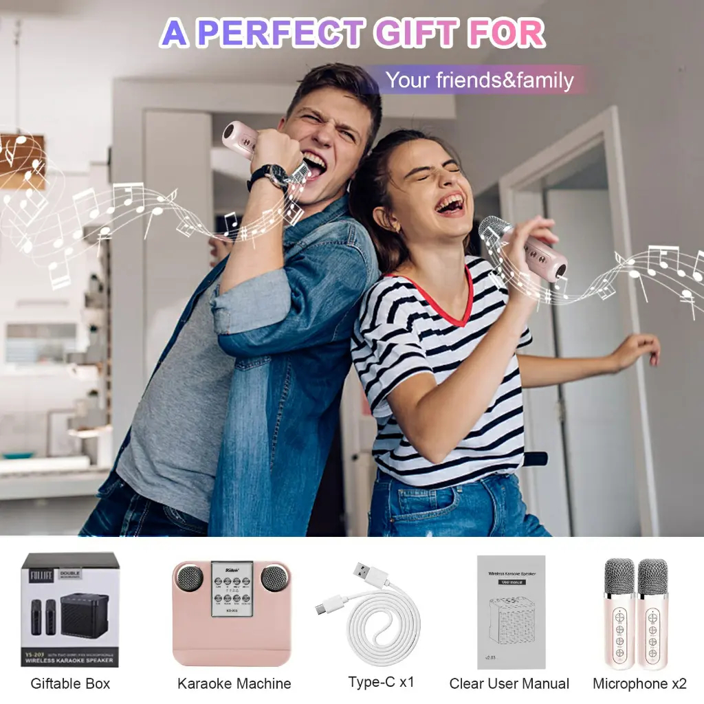 Altavoz de karaoke Bluetooth con 2 micrófonos inalámbricos | Mini máquina de karaoke portátil | Altavoz recargable para fiestas