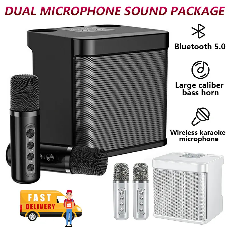 Altavoz de karaoke Bluetooth con 2 micrófonos inalámbricos | Mini máquina de karaoke portátil | Altavoz recargable para fiestas