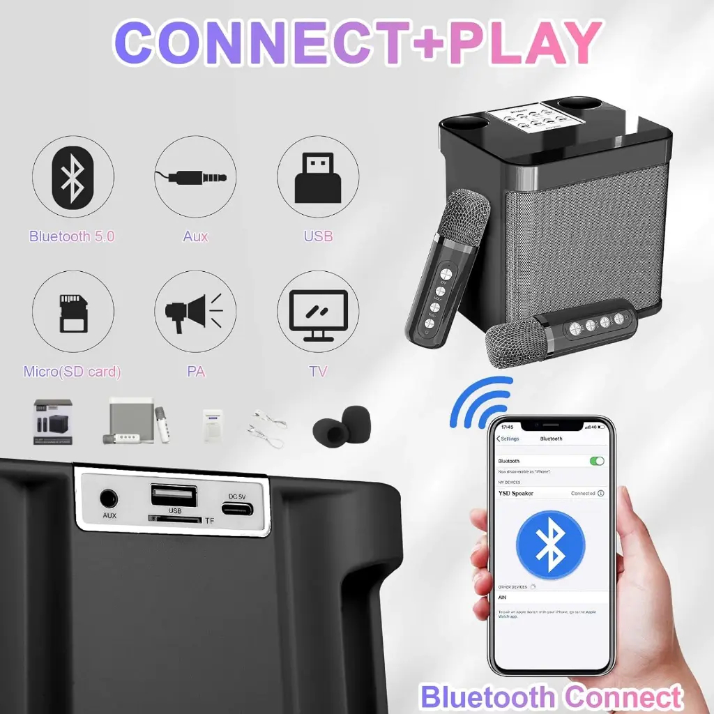 Altavoz de karaoke Bluetooth con 2 micrófonos inalámbricos | Mini máquina de karaoke portátil | Altavoz recargable para fiestas