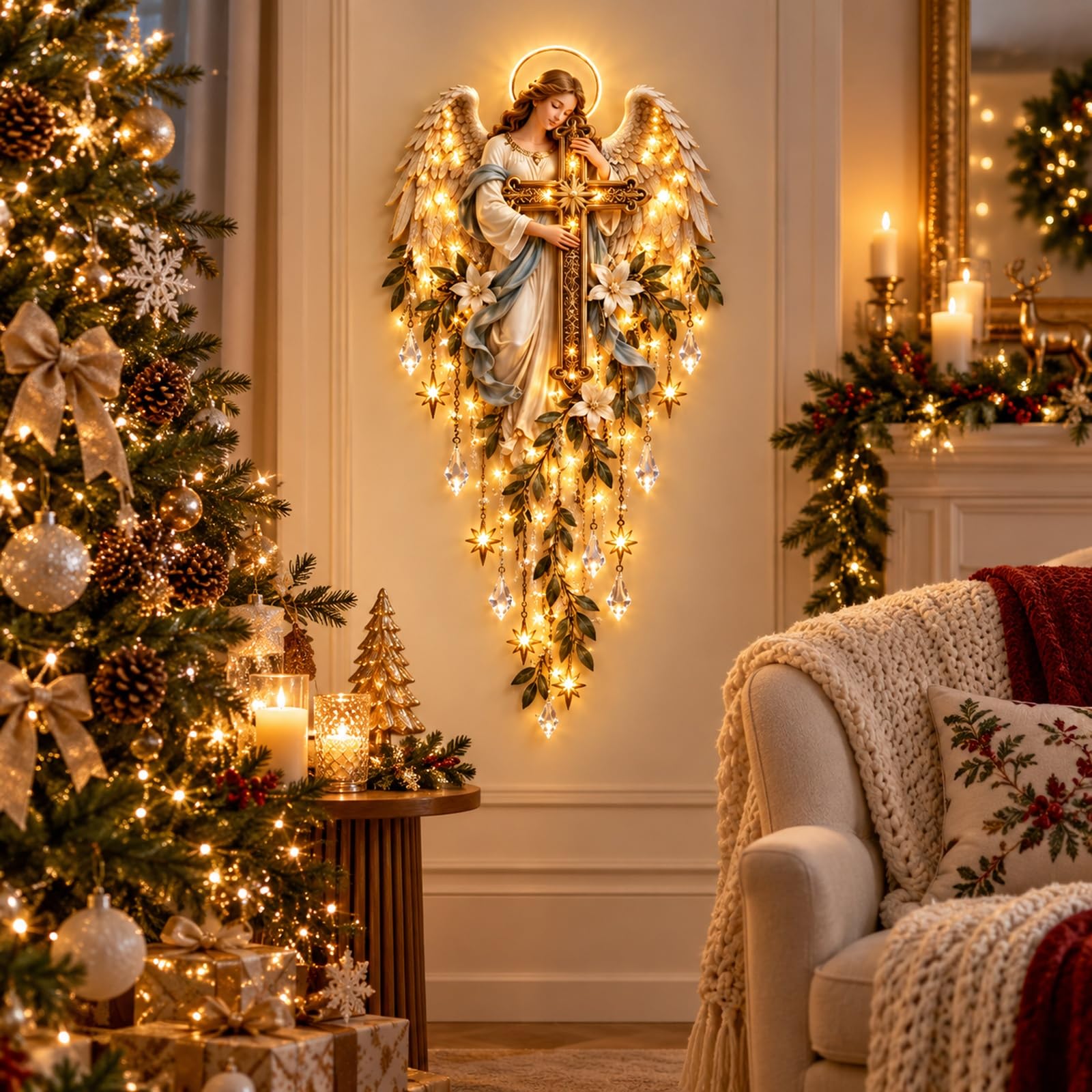 Genérico Aplique Angel Blessing, 2026 ángel navideño Starglow en Cascada con Estrellas Brillantes, decoración navideña con LED para el Dormitorio y el hogar, luz Nocturna cálida y Celestial (2pc)