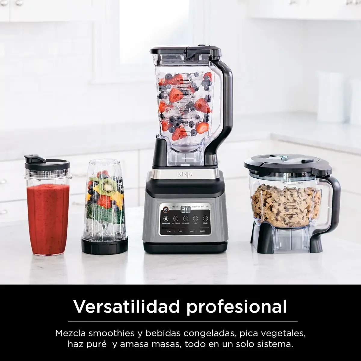 Ninja Licuadora Sistema de Cocina 1400W | Jarra 72 oz + Procesador 8 Tazas + 2 Vasos 24 oz | 5 Programas Auto-iQ | Masa, Picar, Smoothies y Frozen | Apto Lavavajillas | BN801